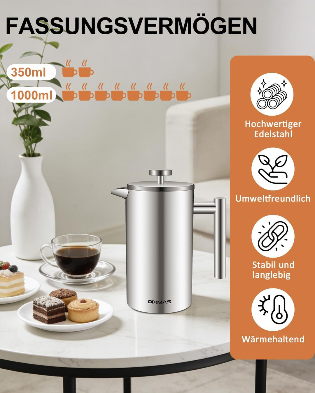 French Press Kaffeebereiter Edelstahl 350 ml/2Tassen, French Press Thermo, doppelwandig isoliert - 0