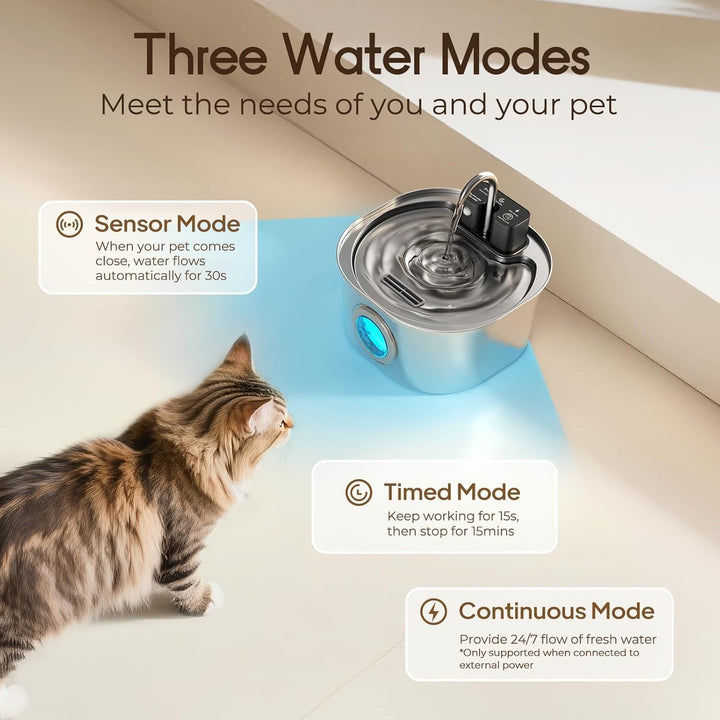 Edelstahl-Katzenbrunnen mit Wasserhahn-Design – 3,2L kabelloser Trinkbrunnen, 3 Betriebsmodi & 4-Stu