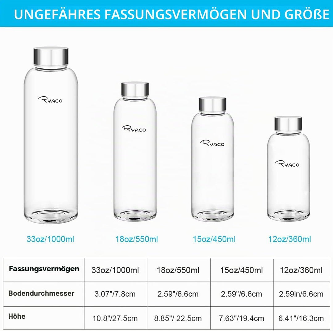 Ryaco Trinkflasche aus Glas 550ml/750ml/1000ml/1L,Glasflasche mit Neoprenhülle,Glastrinkflasche mit