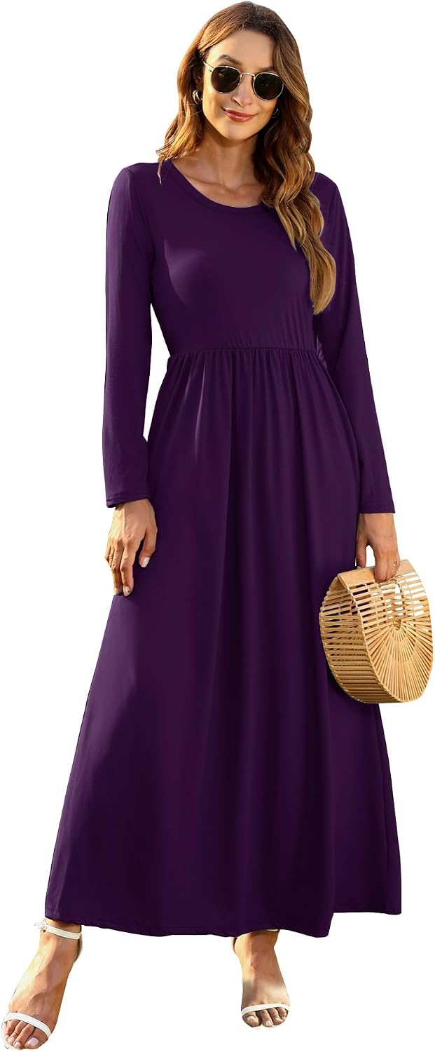 AUSELILY Damen Langarm Maxikleider Lässige Langkleider mit Taschen Winter S Lila, S Lila