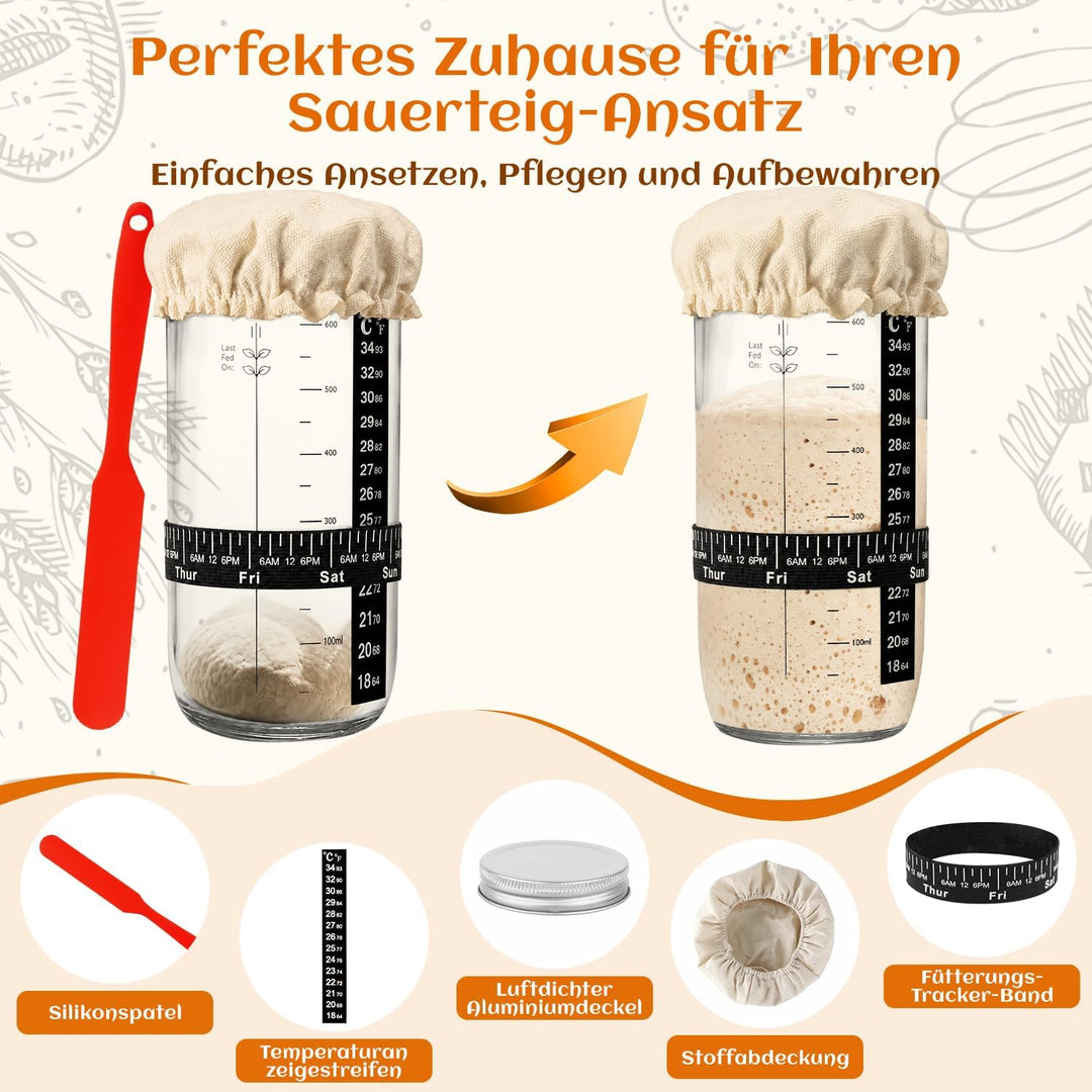 Gärkörbchen Sauerteig Starter Set, 2 Rattan Gärkörbchen (25cm Ovale & 23cm Runde), Sauerteig Glas, K