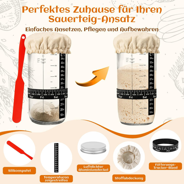 Gärkörbchen Sauerteig Starter Set, 2 Rattan Gärkörbchen (25cm Ovale & 23cm Runde), Sauerteig Glas, K