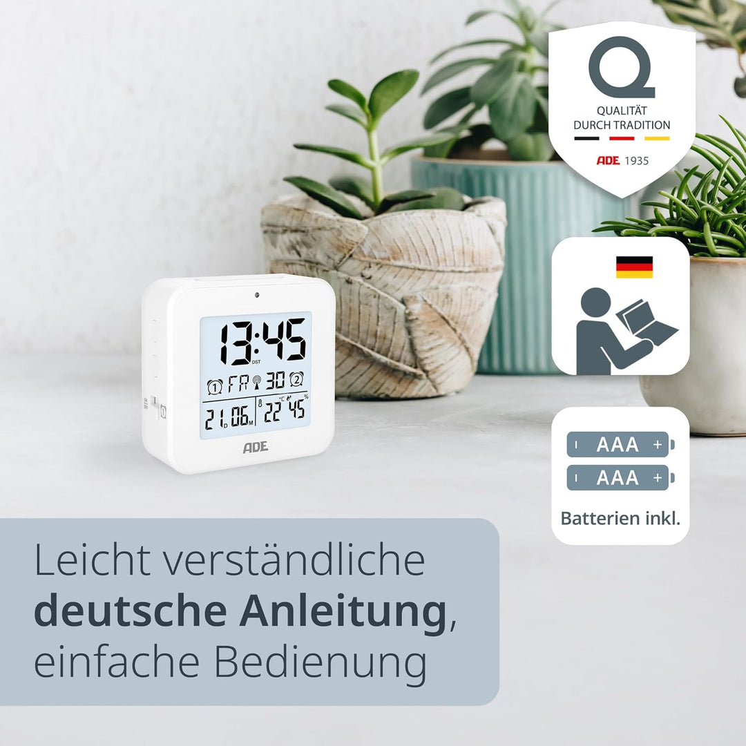 ADE Funkwecker digital mit Batterie | 2 Weckzeiten | Temperaturanzeige | Luftfeuchtigkeit | Reisewec