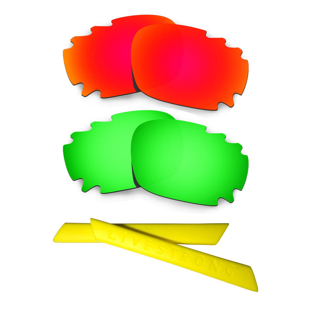 HKUCO Red/Green Polarized Replacement Lenses plus Yellow Earsocks Rubber Kit For Oakley Racing Jacke