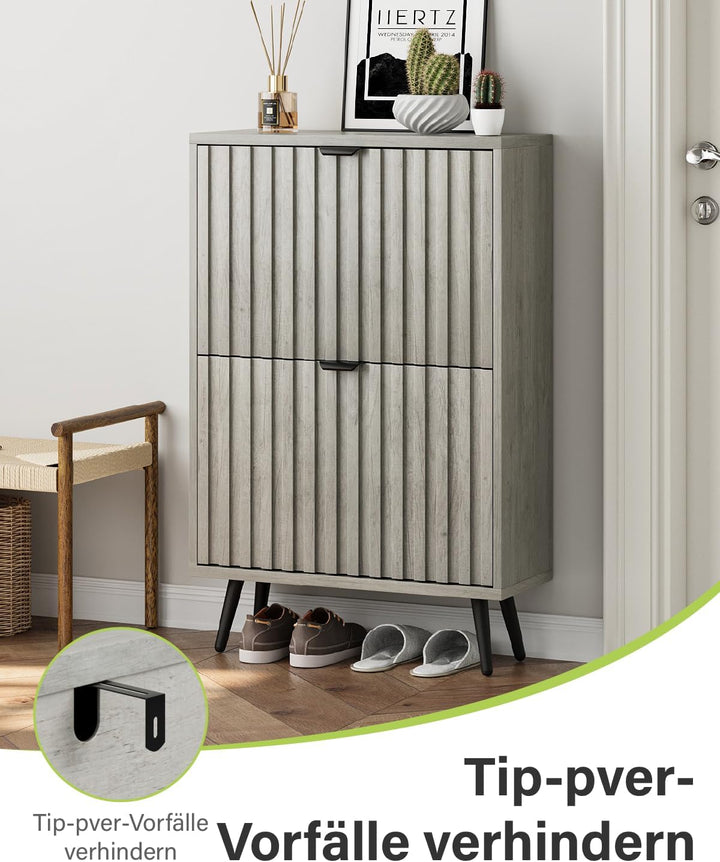 Smart FENDEE Schuhschrank schmal 2 Klappen, 24cm Tiefe in Hellgrau Holzoptik, 4 verstellbare Fächer,