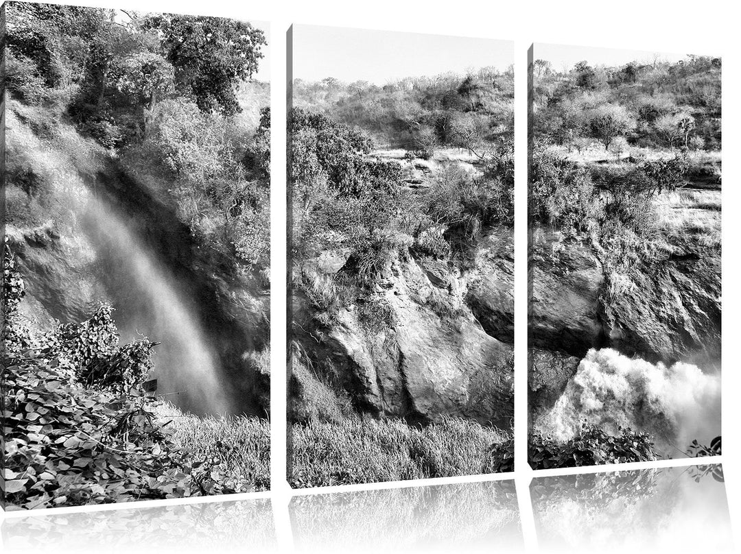 Pixxprint Monocrome, Regenbogen über Wasserfall 3-Teiler Leinwandbild 120x80 Bild auf Leinwand