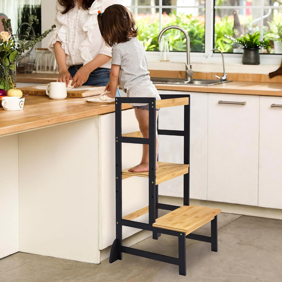 Lernturm für Kinder, Stylisch Kippschutz Montessori Höhenverstellbar Learning Tower aus 100% Natürli
