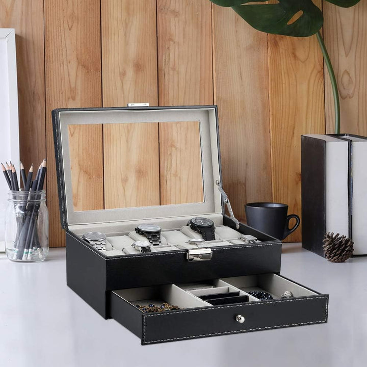 Uten Uhrenbox 12 Uhren, Uhrenkasten Herren, Schmuckkästchen Damen, Uhrenkoffer mit Schublade, Schlüs