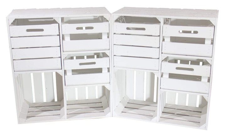 2er Set Weisser Holzschrank mit 3 Schubladen 77cm x 68cm x 35cm Regalsystem Vintage Massive Obstkist