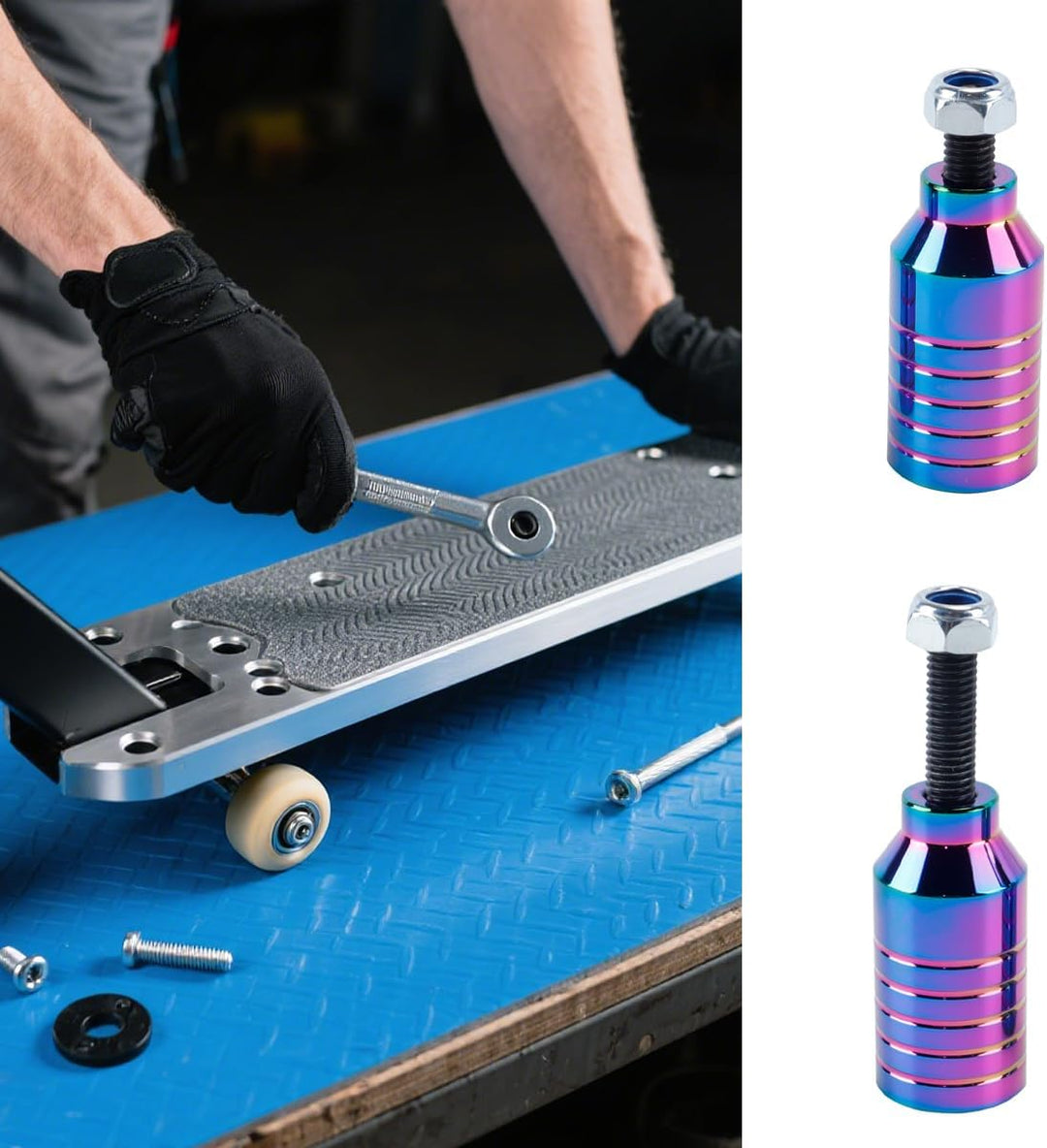 2 Stück Pro Stunt-Scooter Pegs – Regenbogenschwarzes Aluminium mit 12,9-Stufenachse und Befestigungs