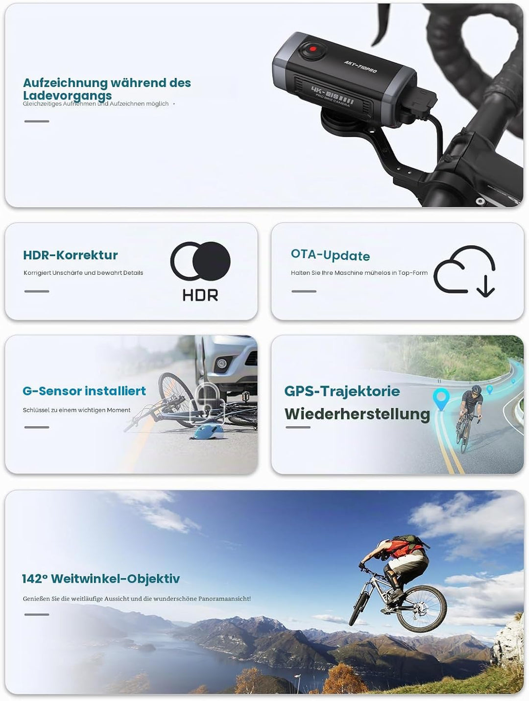 AKEEYO-710 Pro EIS Fahrradkamera, 4K28FPS 20MP WiFi Action Kamera mit IP66 Ultra HD wasserdichte Kam