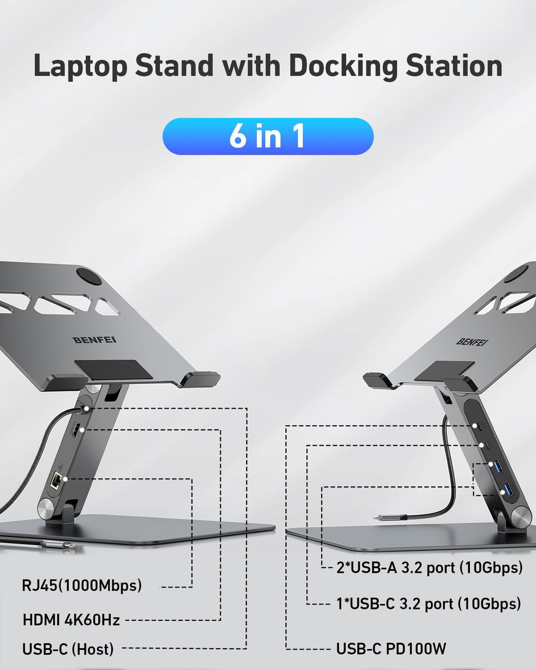 BENFEI Laptop Ständer mit 6-in-1 USB C Dockingstation: HDMI (4K@60Hz), Gigabit-LAN, 100W Power Deliv