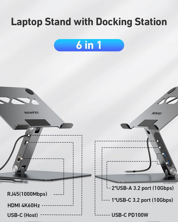 BENFEI Laptop Ständer mit 6-in-1 USB C Dockingstation: HDMI (4K@60Hz), Gigabit-LAN, 100W Power Deliv