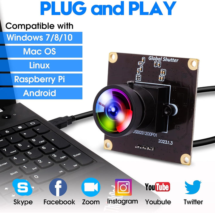 ELP USB Kameramodul High Speed 90fps Global Shutter USB Kamera, 2MP 1200P USB Webcam mit Weitwinkelo