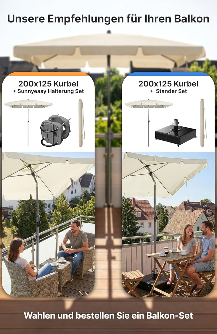 4smile Sonnenschirm Balkon mit Kurbel, Sonnenschirm rechteckig 200x125 cm, Sonnenschutz Balkon mit U