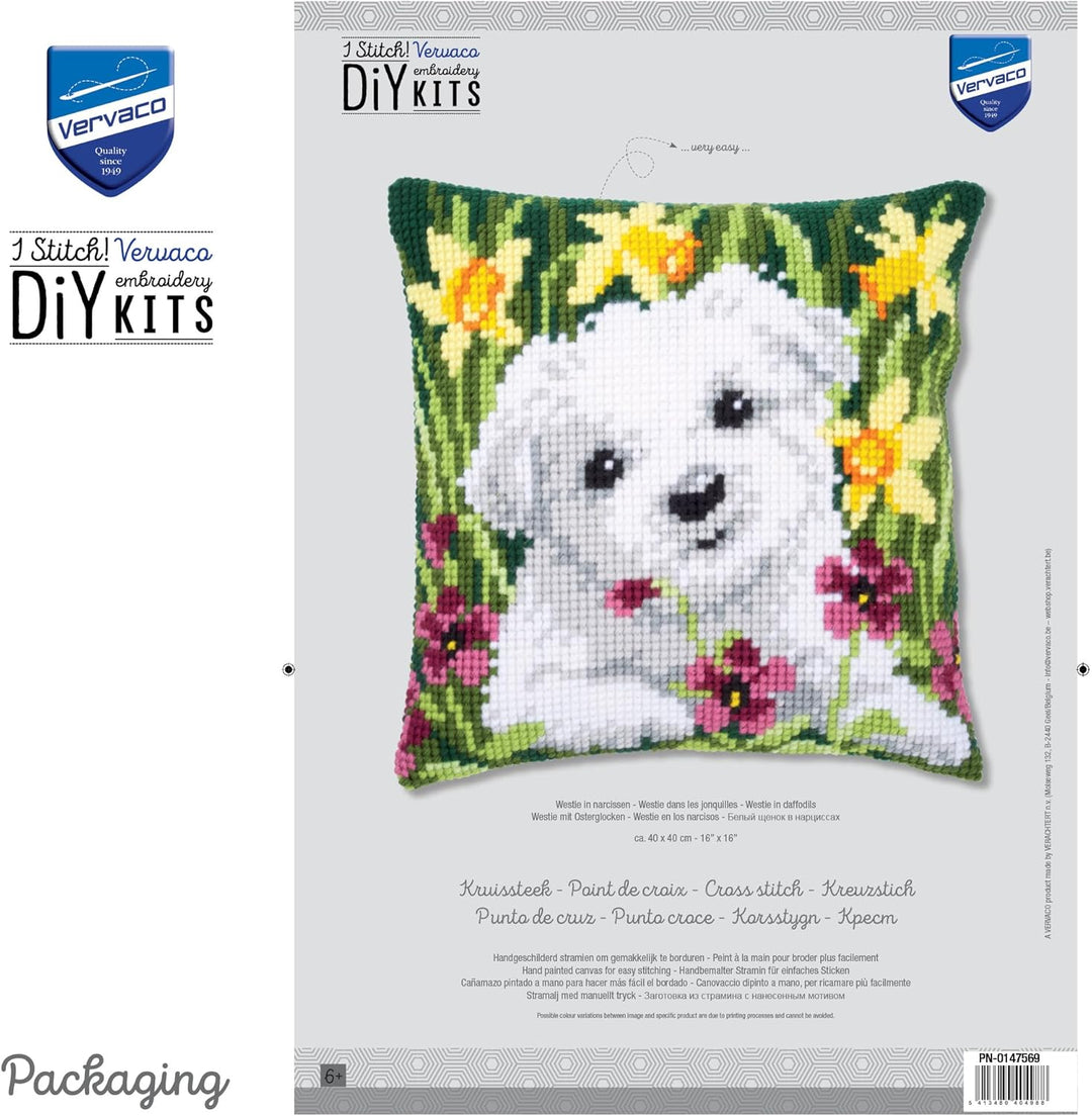Vervaco Westie mit Osterglocken Kreuzstichkissen/Stickkissen vorgedruckt, Baumwolle, Mehrfarbig, 40