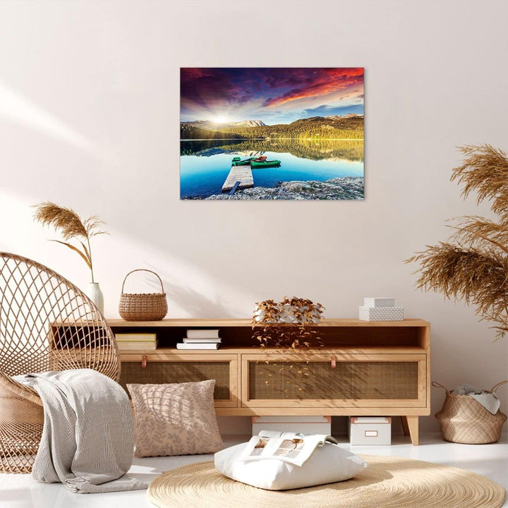 Bilder auf Leinwand See Berge Wasser Leinwandbild mit Rahmen 70x50cm Wandbilder Dekoration Wohnzimme