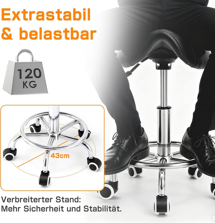 Sattelhocker mit Lehne – 360° drehbarer Hocker mit Rollen und verstellbarer Fussstütze | Sattelhocke