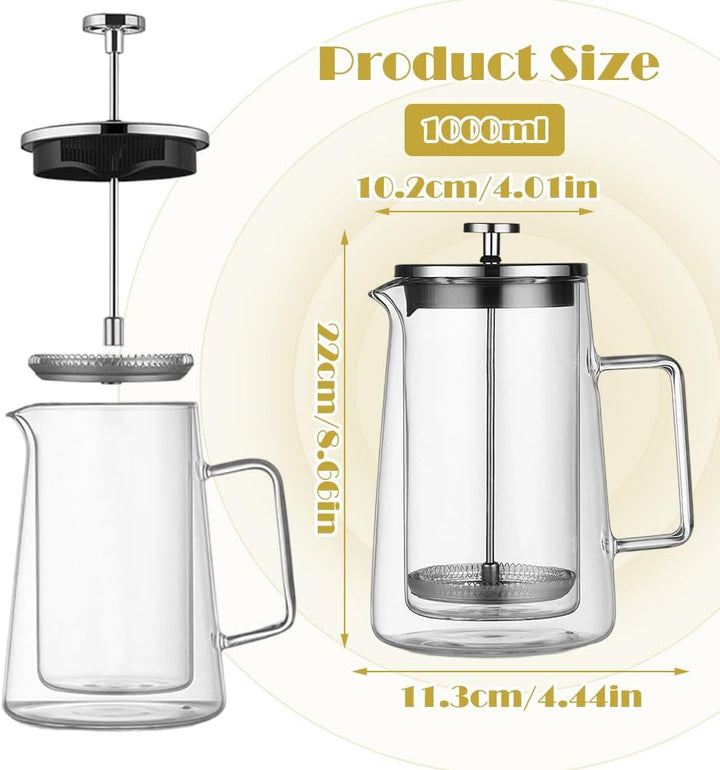 FARYODI Kaffeepresse French Press 1 Liter, Glas Kaffeebereiter mit Permanent Edelstahl Filter, Therm