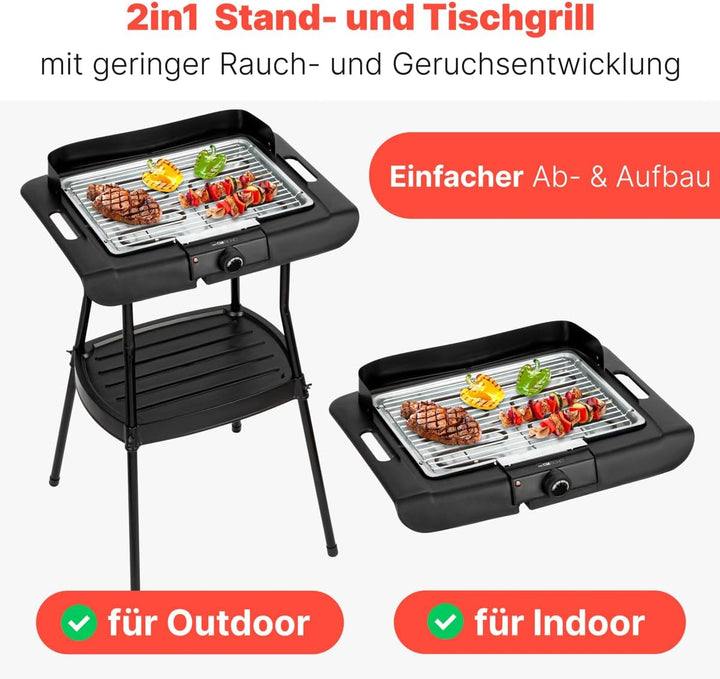 Clatronic® Stand- und Tischgrill | für innen und aussen | Elektrogrill für Balkon | 2000W | kurze Au