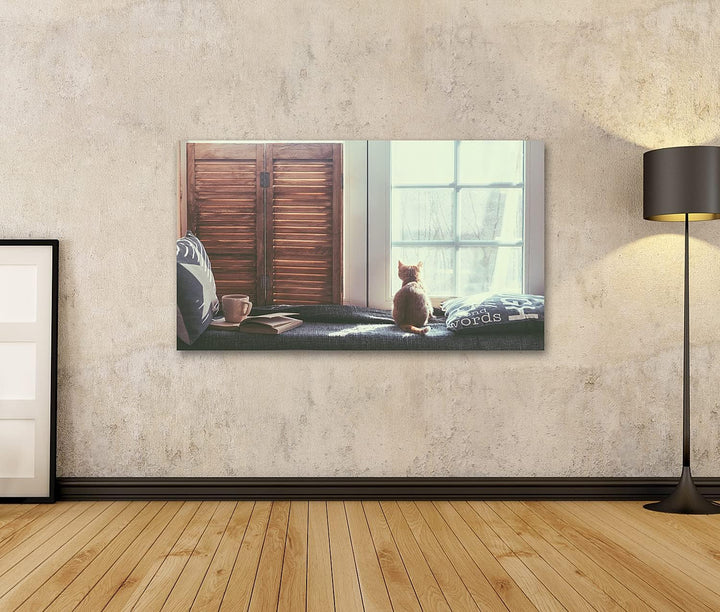 islandburner Bild auf Leinwand Katze Warm Gemütlich Fenster Buch Bilder Wandbilder Poster Leinwand 1