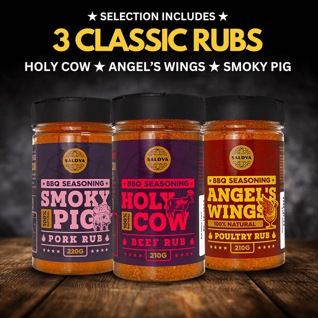 Meat Lovers BBQ Rub Geschenkset – Holy Cow, Angel’s Wings, Smoky Pig, Sweet Texas, Steak King & Adam