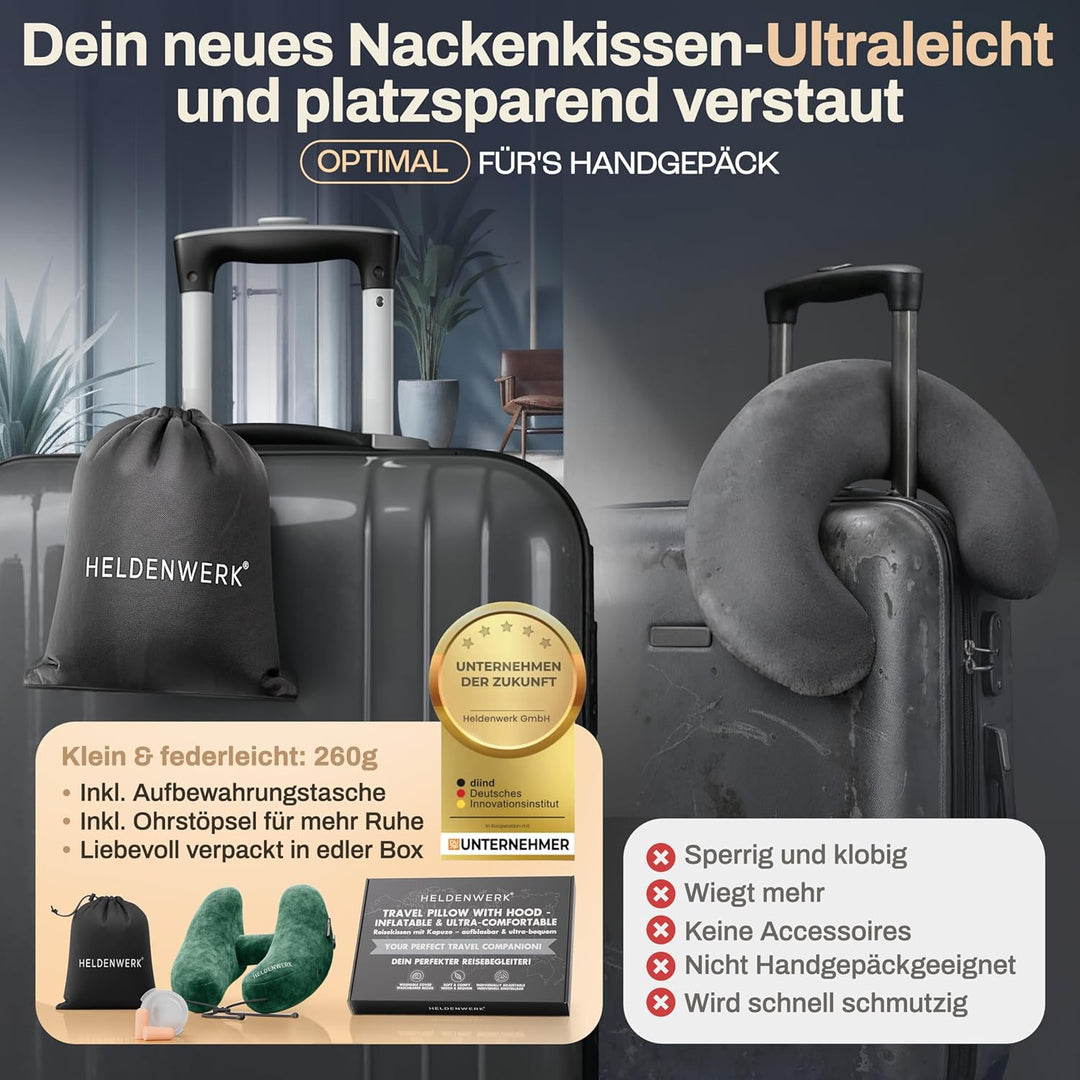 HELDENWERK® Air Nackenkissen Flugzeug Aufblasbar | Reisekissen für 5 Schlafpositionen, schnell aufbl