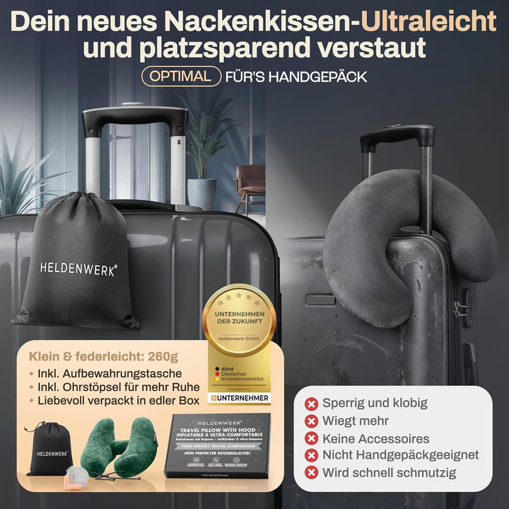 HELDENWERK® Air Nackenkissen Flugzeug Aufblasbar | Reisekissen für 5 Schlafpositionen, schnell aufbl