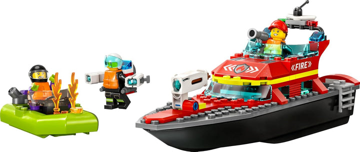 LEGO 60373 City Feuerwehrboot, Spielzeug, das im Wasser schwimmt, mit Rennboot, 3 Minifiguren und Je