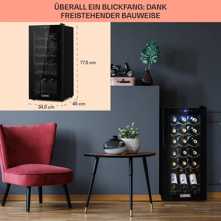 Klarstein Weinkühlschrank, 1 Zonen Getränkekühlschrank Klein, Kleiner Weinschrank 50L, Wein-Kühlschr