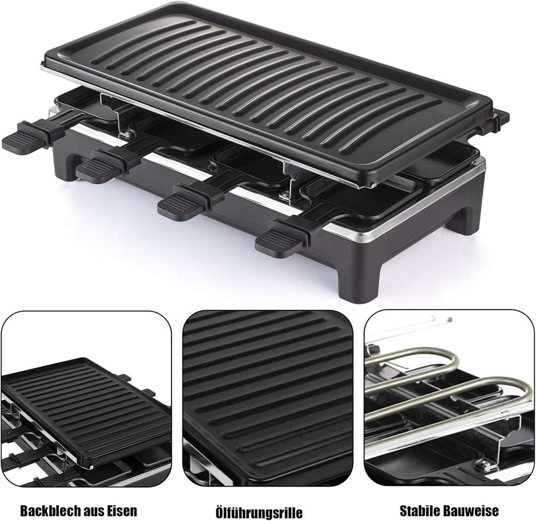 2-in-1 Raclette Set 8 Personen mit 8 Raclette Pfännchen, 40 x 20 cm | Antihaft Beschichtung Grillpfa