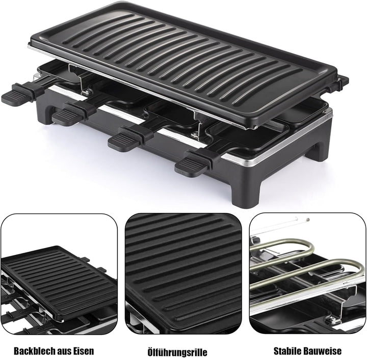 2-in-1 Raclette Set 8 Personen mit 8 Raclette Pfännchen, 40 x 20 cm | Antihaft Beschichtung Grillpfa