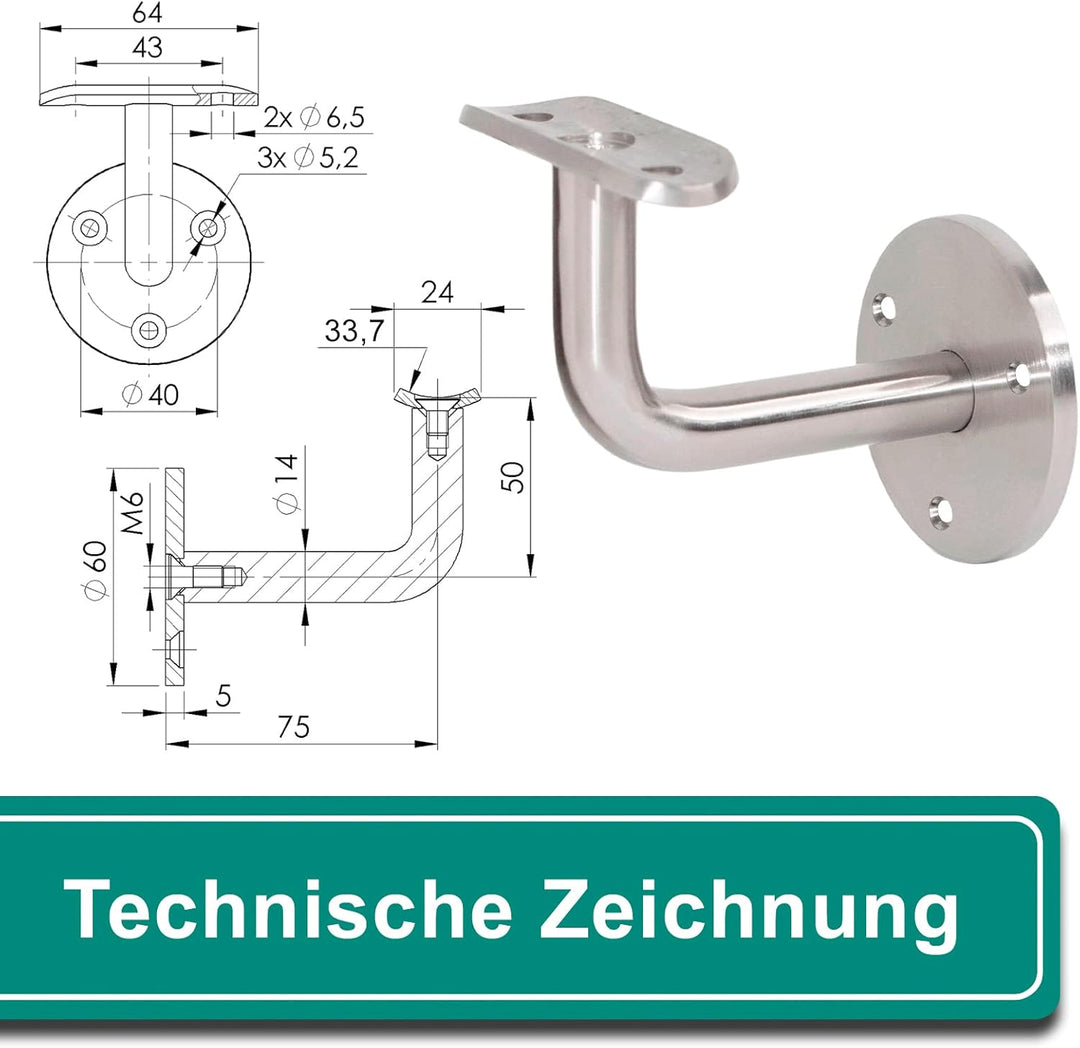 PRIOstahl Handlaufhalter Handlauf Handlaufstütze Wandhalter - 4 x Handlaufträger an die Wand für 33,