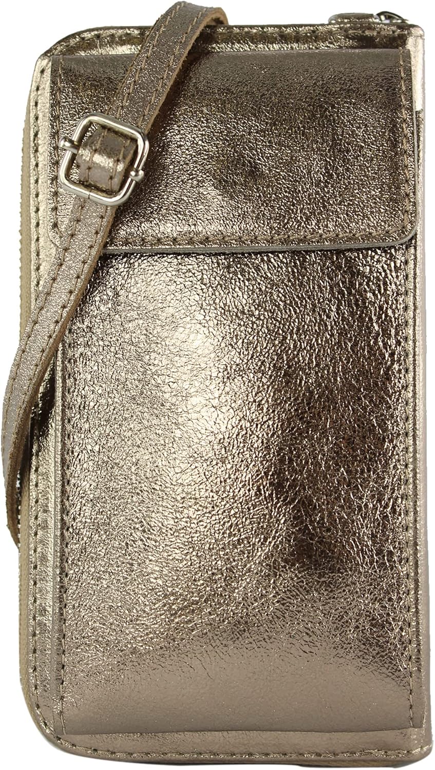 modamoda de - P06 - ital. Damen Umhängetasche Geldbörse Handytasche Leder Altgold-metallic, Altgold-