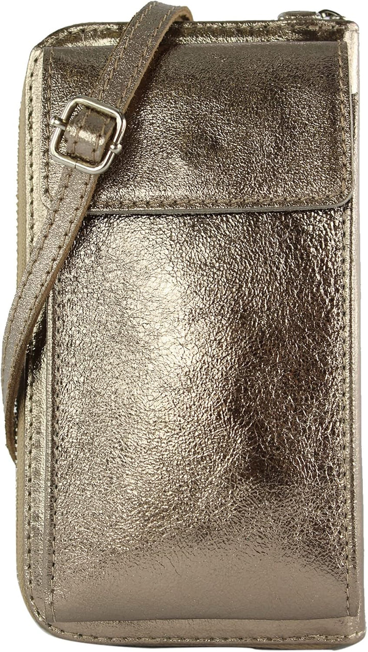 modamoda de - P06 - ital. Damen Umhängetasche Geldbörse Handytasche Leder Altgold-metallic, Altgold-