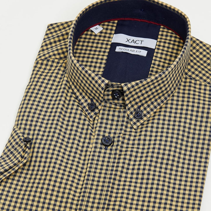 Xact Herren Kurzarmhemd mit Gingham-Karo, Button-Down-Kragen, Normale Passform S Mustard/ Navy, S Mu