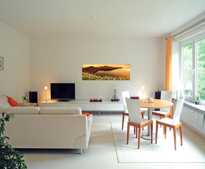 Paul Sinus Art Panoramabild auf Leinwand und Keilrahmen 150x50cm Santorini Landschaft Blumen Berge M