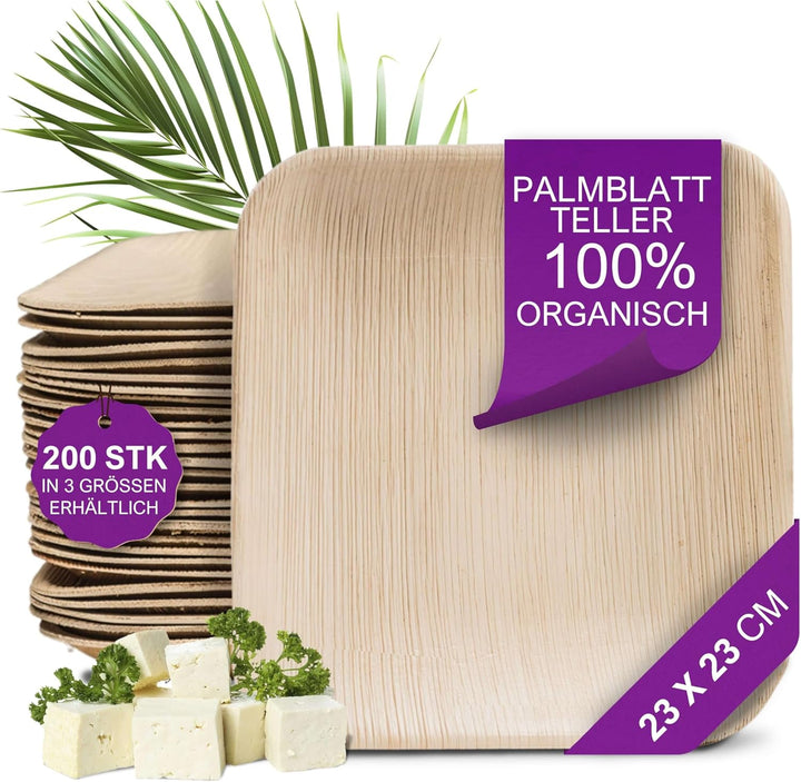 Waipur Bio Palmblatt Geschirr - 200 Teller eckig 23x23 cm - Premium Einweg Geschirr kompostierbar -