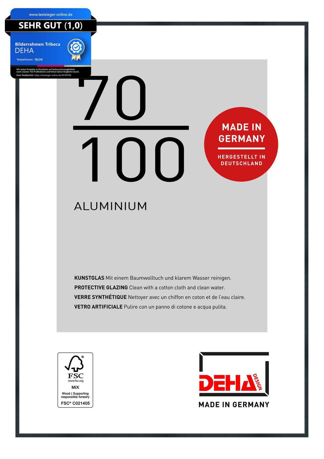 DEHA Design Bilderrahmen Tribeca, 70x100 cm, Aluminium Schwarz Matt, bruchsicheres Acrylglas, für Po