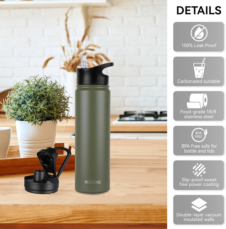 Edelstahl Trinkflasche 750ml (+2 Deckel)-mit Strohhalm,BPA frei,Thermosflasche Auslaufsicher,Kohlens