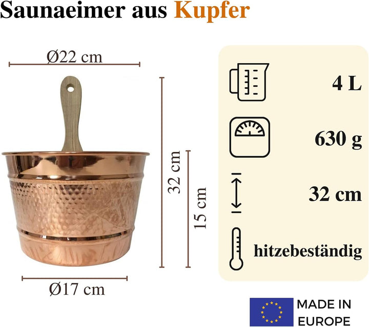CopperGarden Saunaeimer aus blankem Kupfer mit Schöpfkelle I Schwalleimer mit Wandhalterung aus Holz