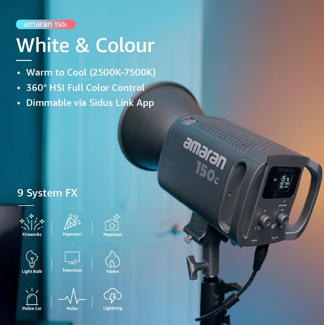 Aputure Amaran 150c (RGB, 2500K-7500K) Vollfarbige Point-Source LED, integrierte Schirmhalterung, Bo