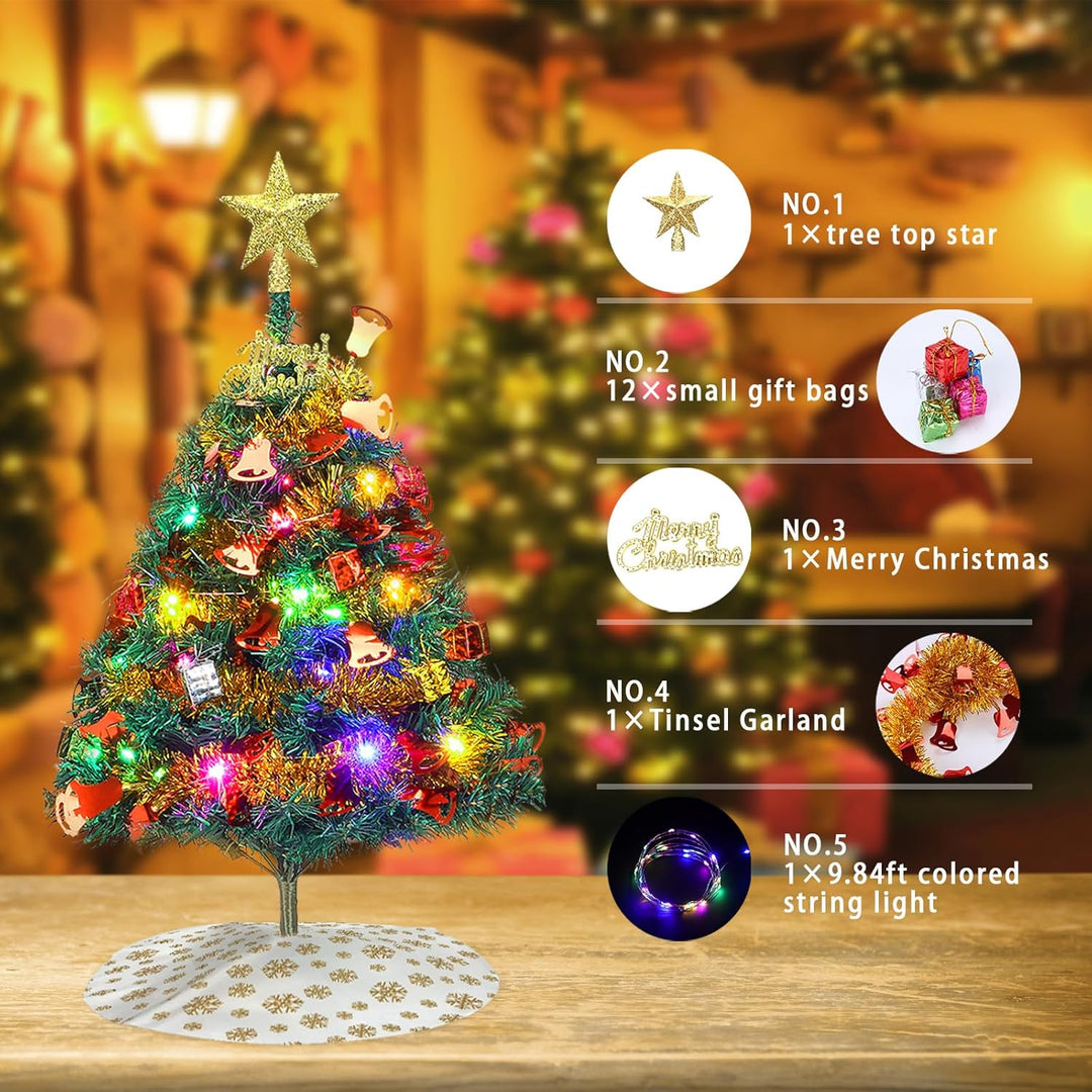 Mini Weihnachtsbaum, 24 "/60cm Tischplatte künstlicher Weihnachtsbaum mit Ornamenten & LED-String-Li