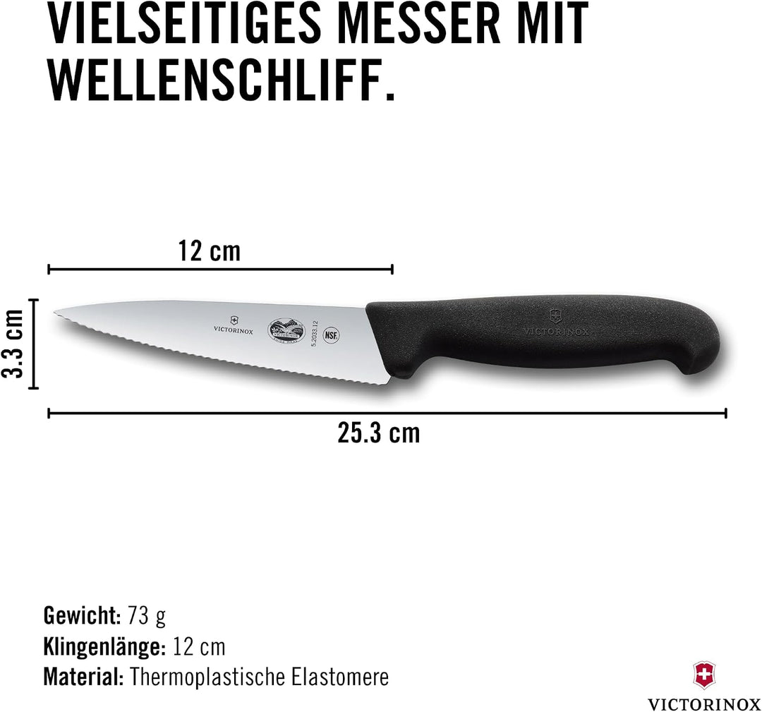 Victorinox Fibrox Kochmesser mit Wellenschliff, Kleines Universalmesser für Obst und Gemüse, 12 cm,
