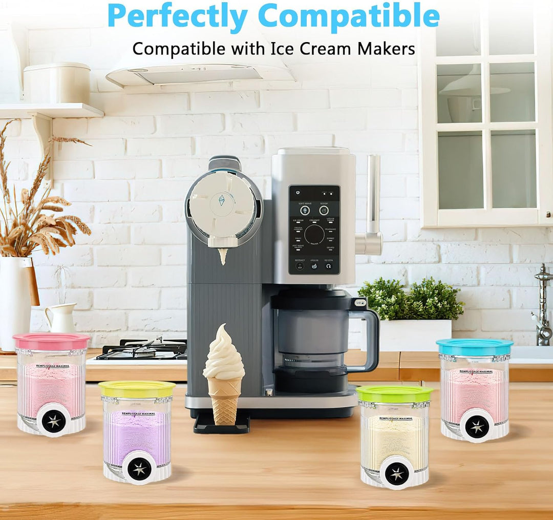 4er Set Ersatzbecher für Eiscreme-Maschinen 473ml Eiscremebehälter mit farbigen Deckeln, BPA-frei, S