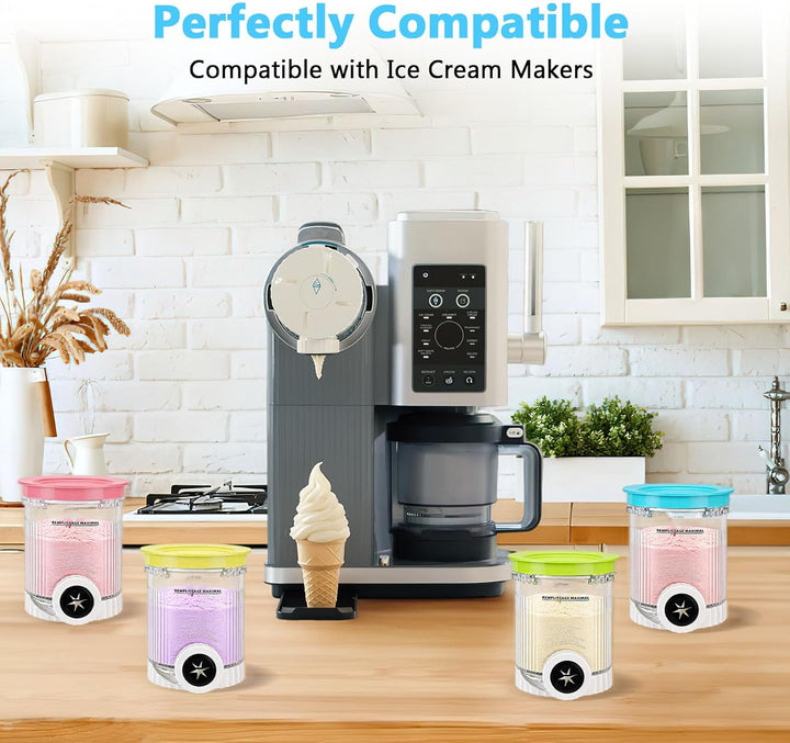 4er Set Ersatzbecher für Eiscreme-Maschinen 473ml Eiscremebehälter mit farbigen Deckeln, BPA-frei, S