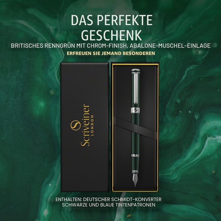 Scriveiner Füller Green - britisches Renngrün, toller Luxus Füllfederhalter, Chromausführung, medium