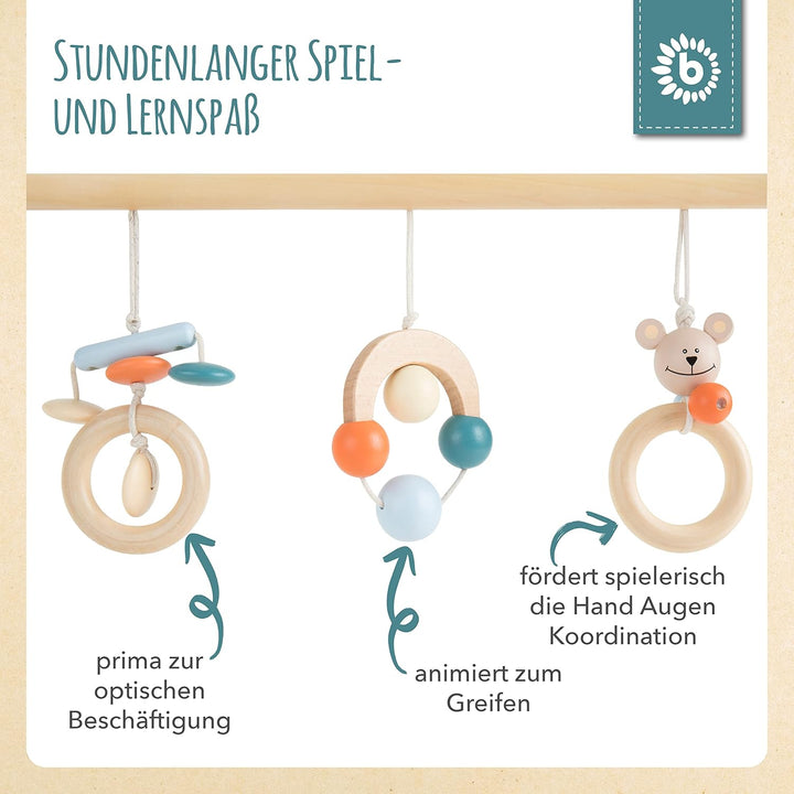 Bieco Spieltrapez | Spielbogen für Babys -Figuren, Rasseln, Kugeln | Spielebogen Holz Baby | Spieltr