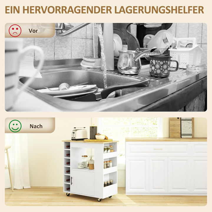 HOMCOM Küchenwagen Rollwagen mit Arbeitsplatte aus Holz, Ablagen, Weinregalen, Servierwagen, Küchens