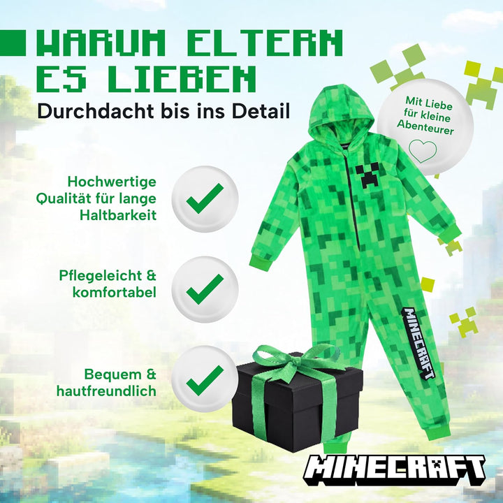 Minecraft Onesie Creeper Fleece Jumpsuit Sleepsuit Gamer Geschenk Schlafoverall mit Kapuze für Junge